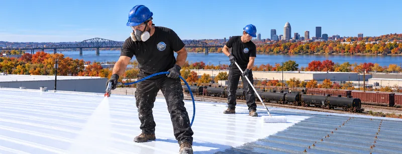 Crew spraying and back-rolling white coating across ribbed metal roof panels