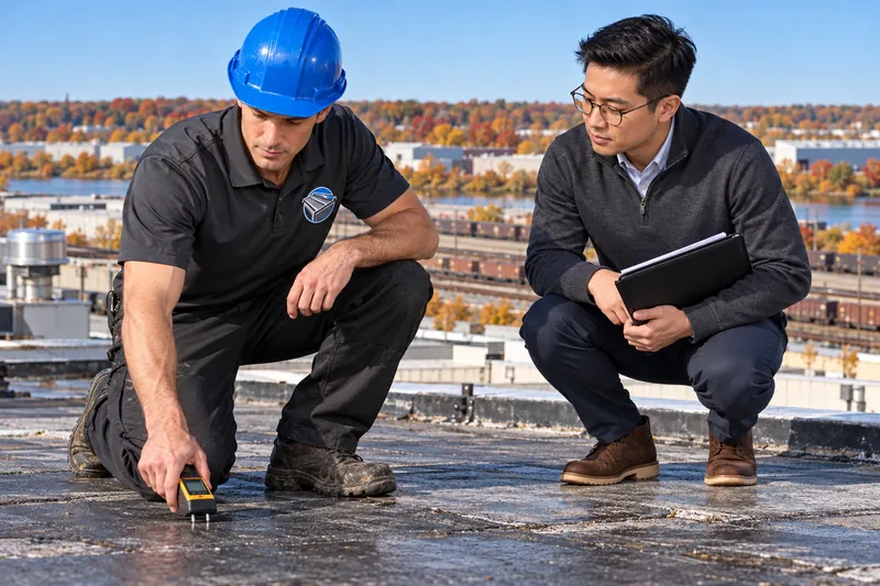 Roofer taking moisture meter readings on a low-slope roof beside the owner