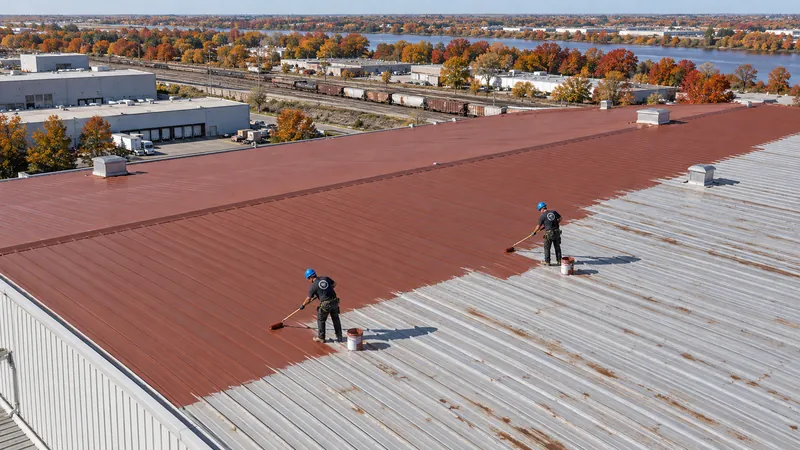 Long warehouse metal roof with red primer on one half and bare galvanized panels on the other