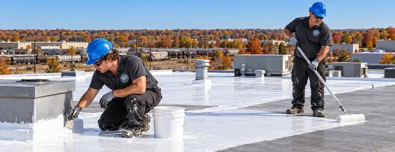Roofer brushing acrylic coating at a rooftop curb while a second roller coats the field