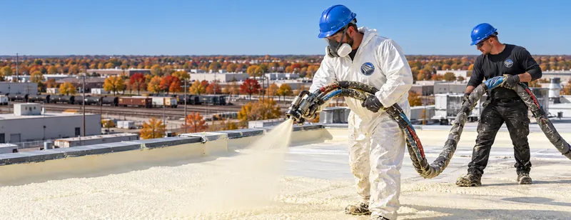 Crew spraying polyurethane foam across a commercial roof deck