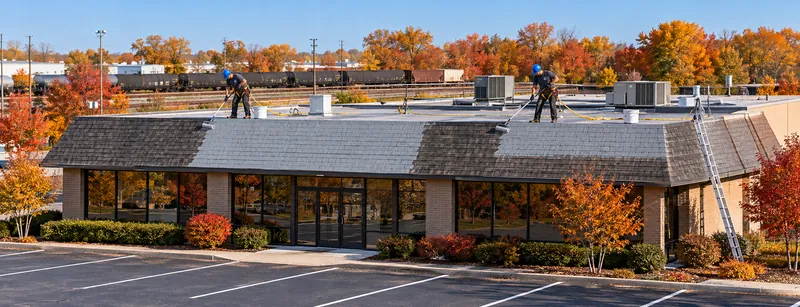 Crew coating the shingle roof section of a one-story office building