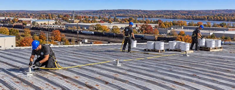 Roofer snapping a chalk line on metal panels next to staged coating pails